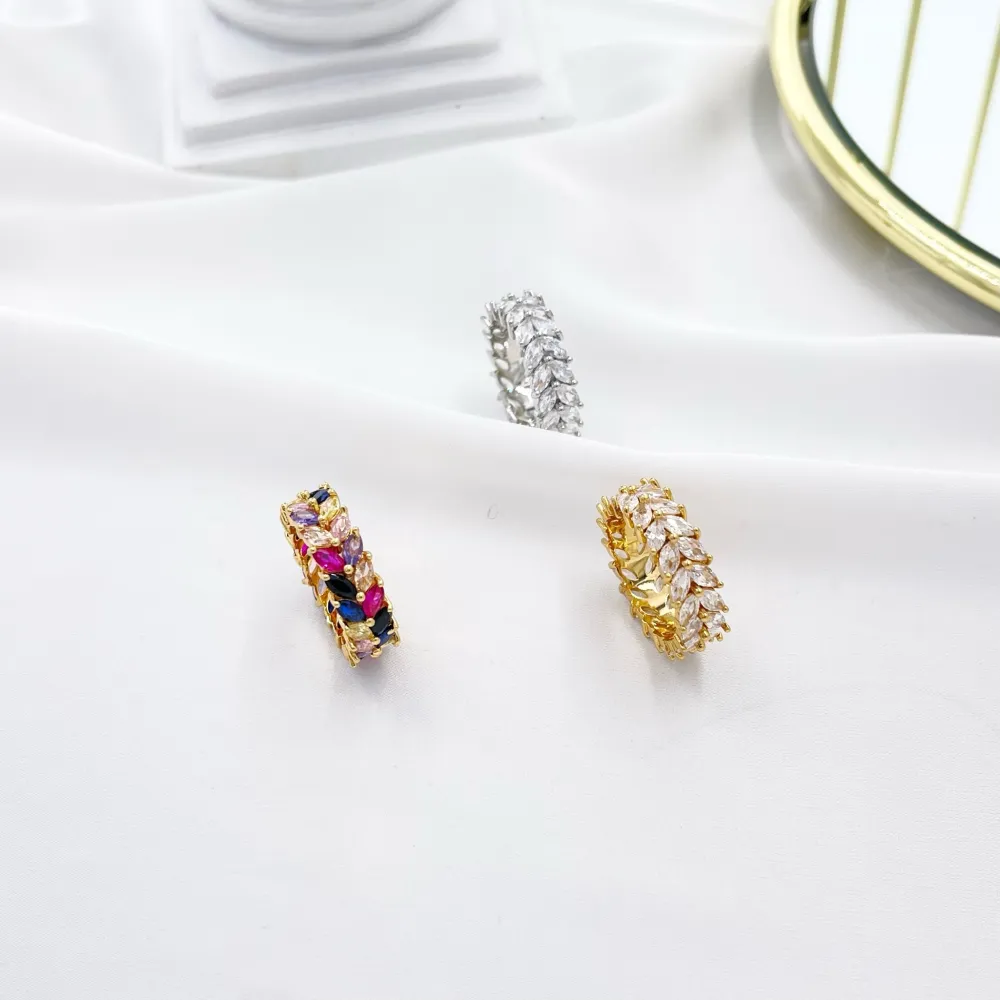 Foglia-Anello con Cubic Zirconia con Misura - AMM-103-AA2984R (Bianco/Oro)