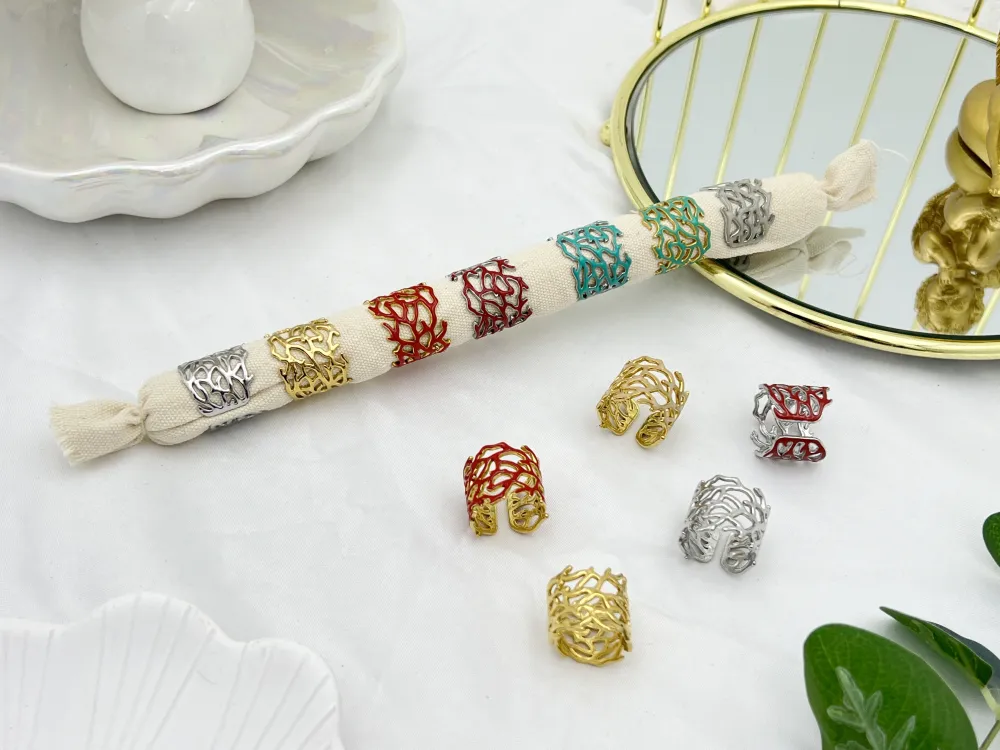 [APA-732-190] Corallo Smaltato-12pz Anelli Regolabili in Acciaio - APA-732-190