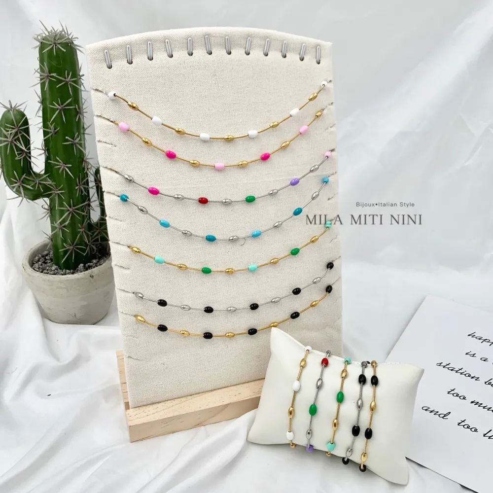 Pallina Ovale Colorata-Bracciale in Acciaio con Chiusura - BAC-103-AA152B (Bianco/Oro)