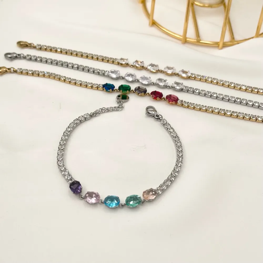 Tennis con Punto Luce Ovale-Bracciale in Acciaio con Chiusura - BAC-103-AA1651B (Bianco/Oro)