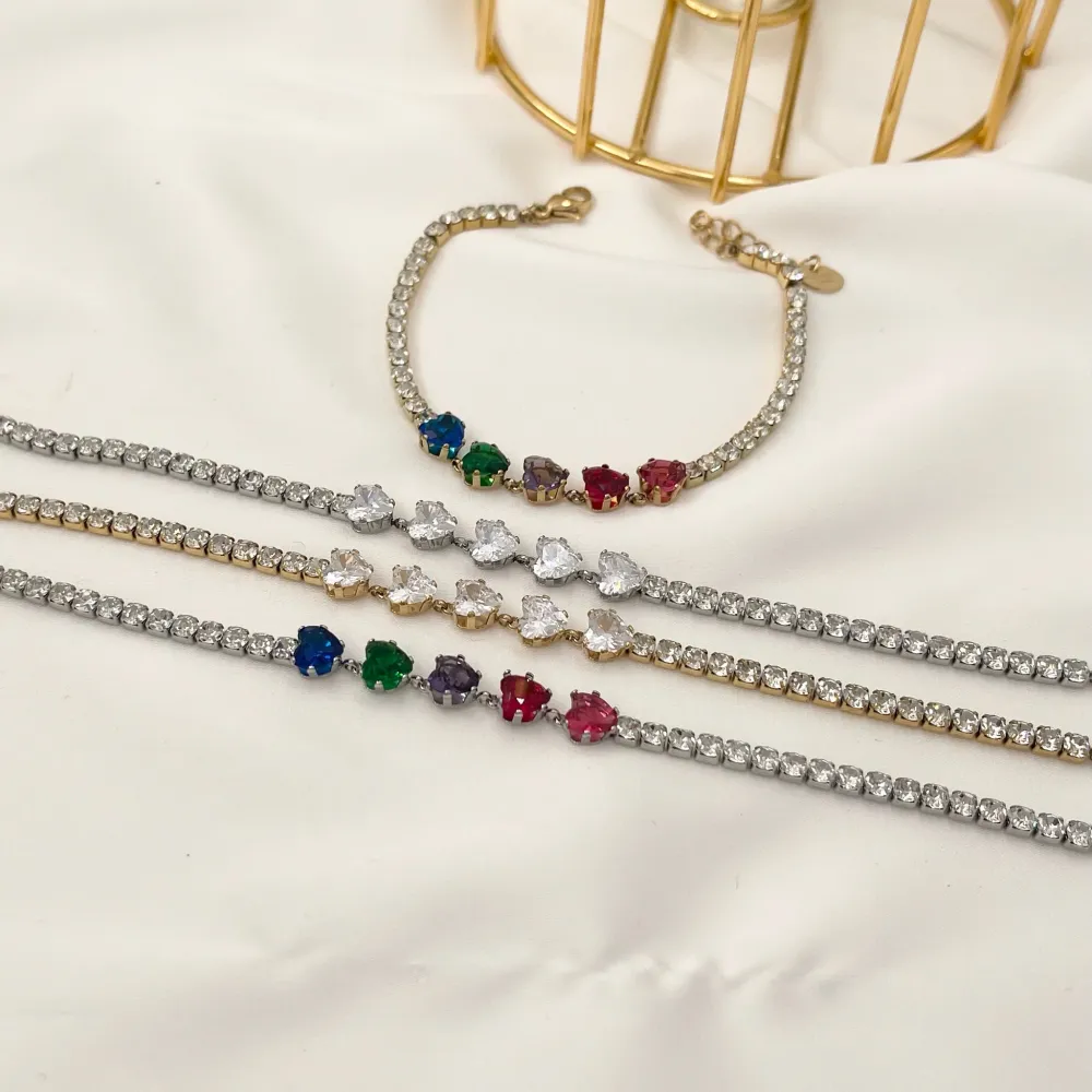 Tennis Cuore-Bracciale in Acciaio con Chiusura - BAC-103-AA1654B (Bianco/Oro Giallo)