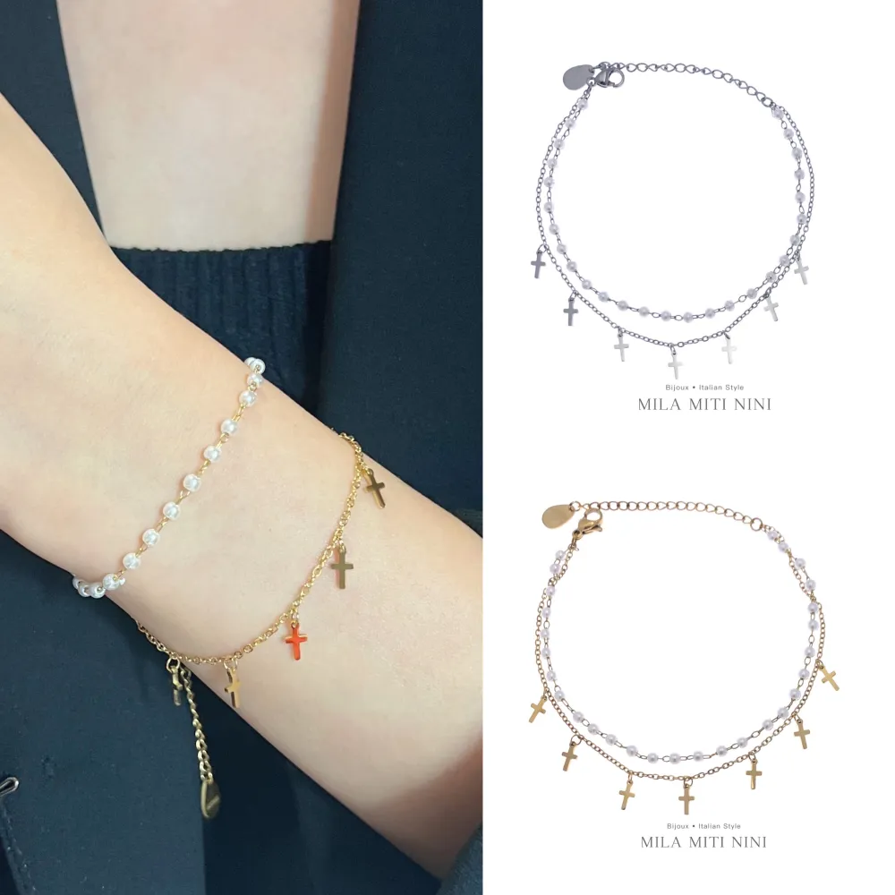 Doppio Perla Croce-Bracciale in Acciaio con Chiusura - BAC-413-1698