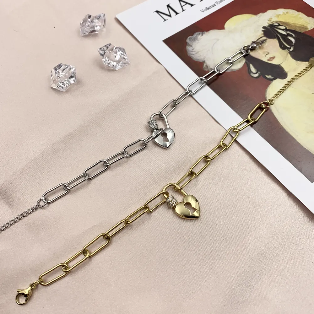 BAC7068-Cuore Lucchetto Zirconia-Bracciale in Acciaio - BAC7068-Cuore Lucchetto Zirconia-Bracciale in Acciaio