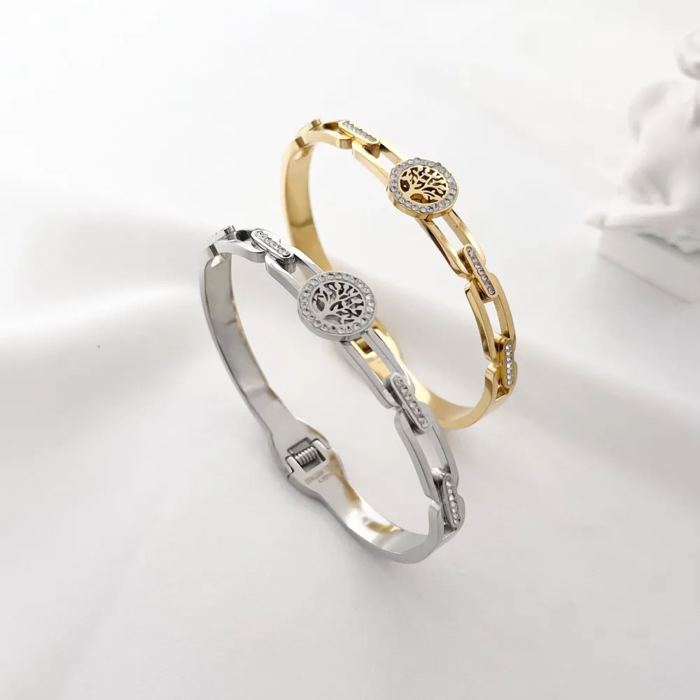 Albero della Vita-Bracciale con Scritte Rigido in Acciaio - BAR-413-S1374 (Oro Giallo)