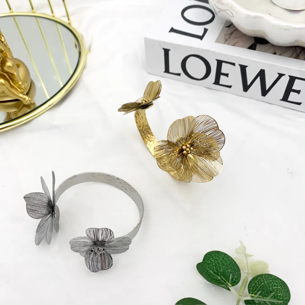 Doppio Fiore-Bracciale Rigido in Acciaio - BAR-732-197 (Argento)