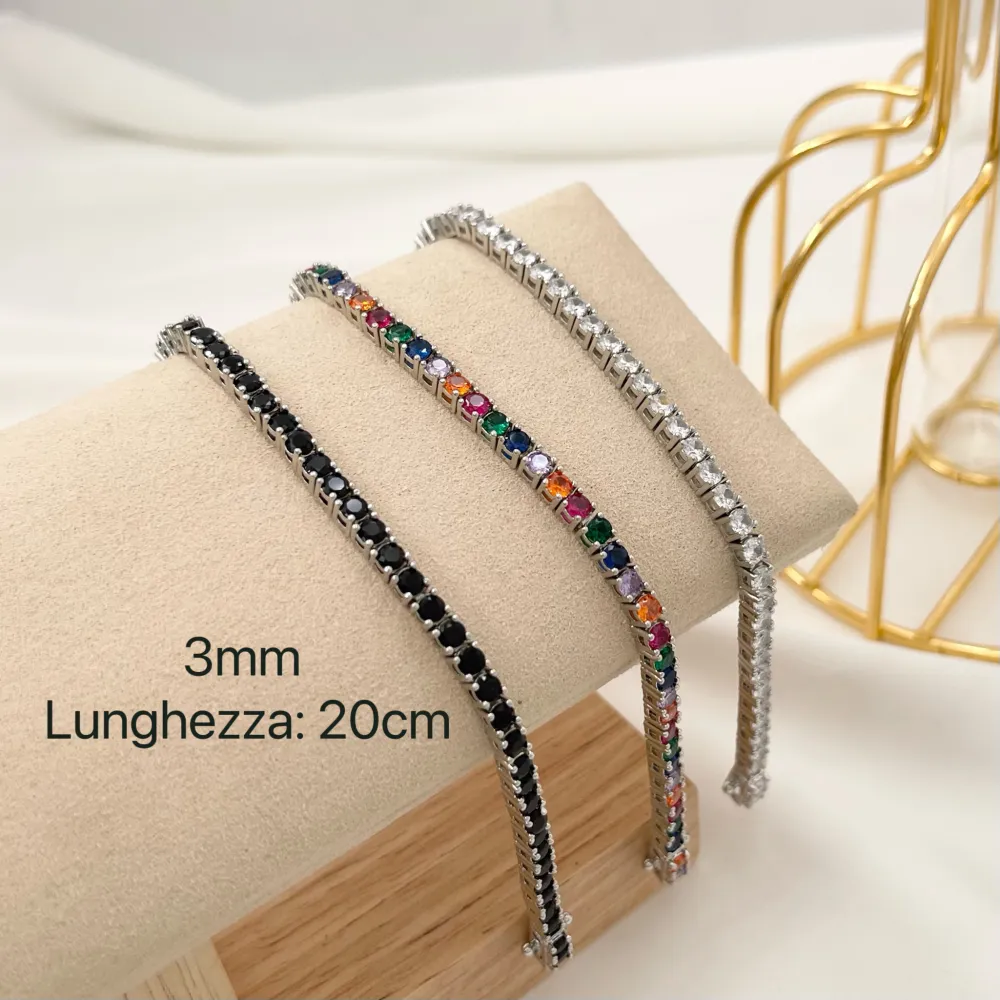 Tennis 3mm  con Chiusura-Bracciale in Ottone e Zirconi - BMZ-109-L13 3mm 20cm (Bianco/Argento)