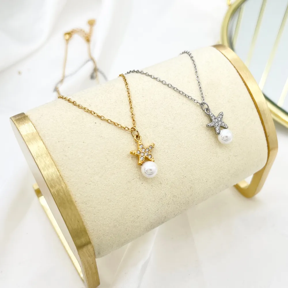 Stella Marina con Perla-Collana Girocollo in Acciaio - CAC-103-5057N (Argento)