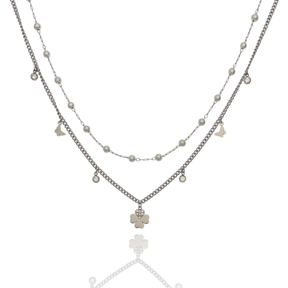 Doppio Perla e Quadrifoglio-Collana Corta in Acciaio - CAC-103-AA1165N (Oro Giallo)