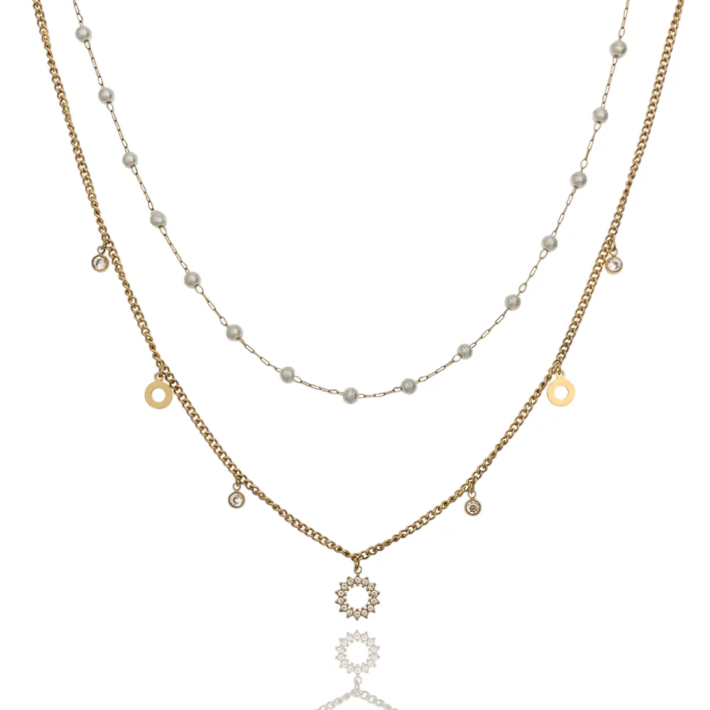 Doppio Perla e Cerchio-Collana Corta in Acciaio - CAC-103-AA1167N (Oro Giallo)