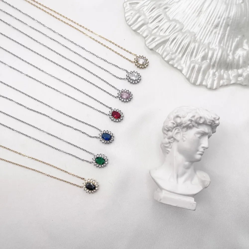 Pietra Ovale-Collana Corta in Acciaio - CAC-103-AA1276N (Oro Giallo)