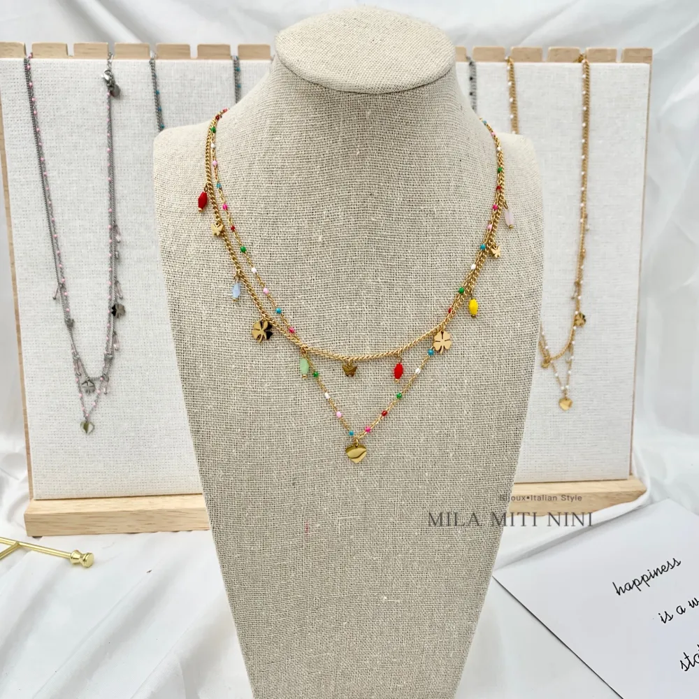 Doppio con Quadrifoglio -Collana Corta in Acciaio - CAC-103-AA148N (Fucsia)