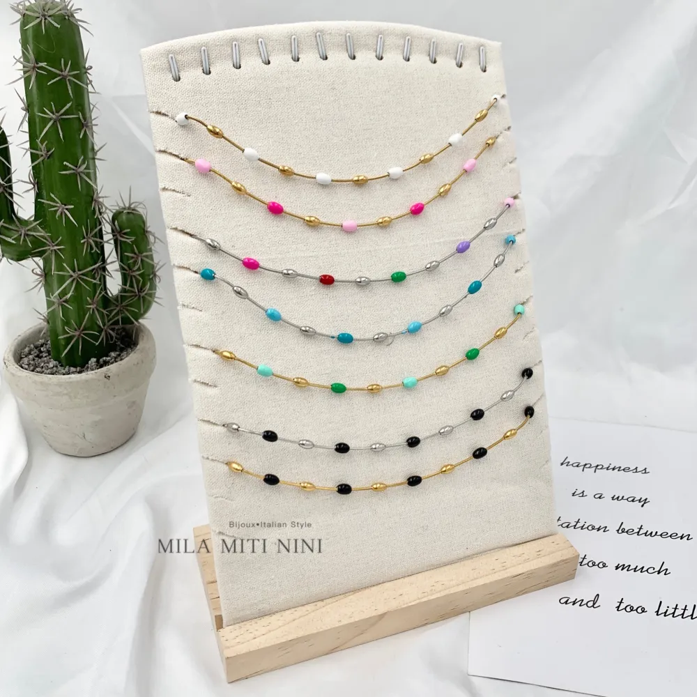 Pallina Ovale Colorata -Collana Corta in Acciaio - CAC-103-AA151N (Azzurro)