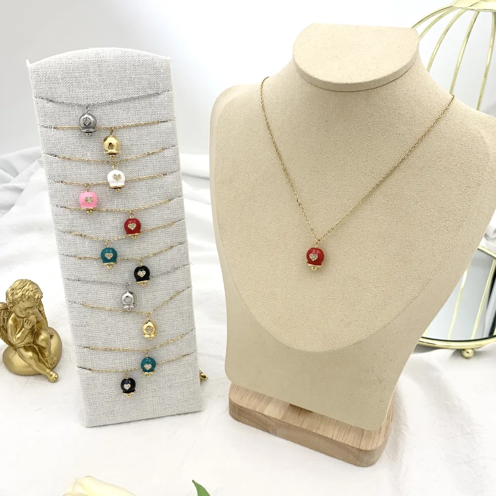 Campanello Smaltato con Cuore-Collana Girocollo in Acciaio - CAC-103-AA2700N (Argento)