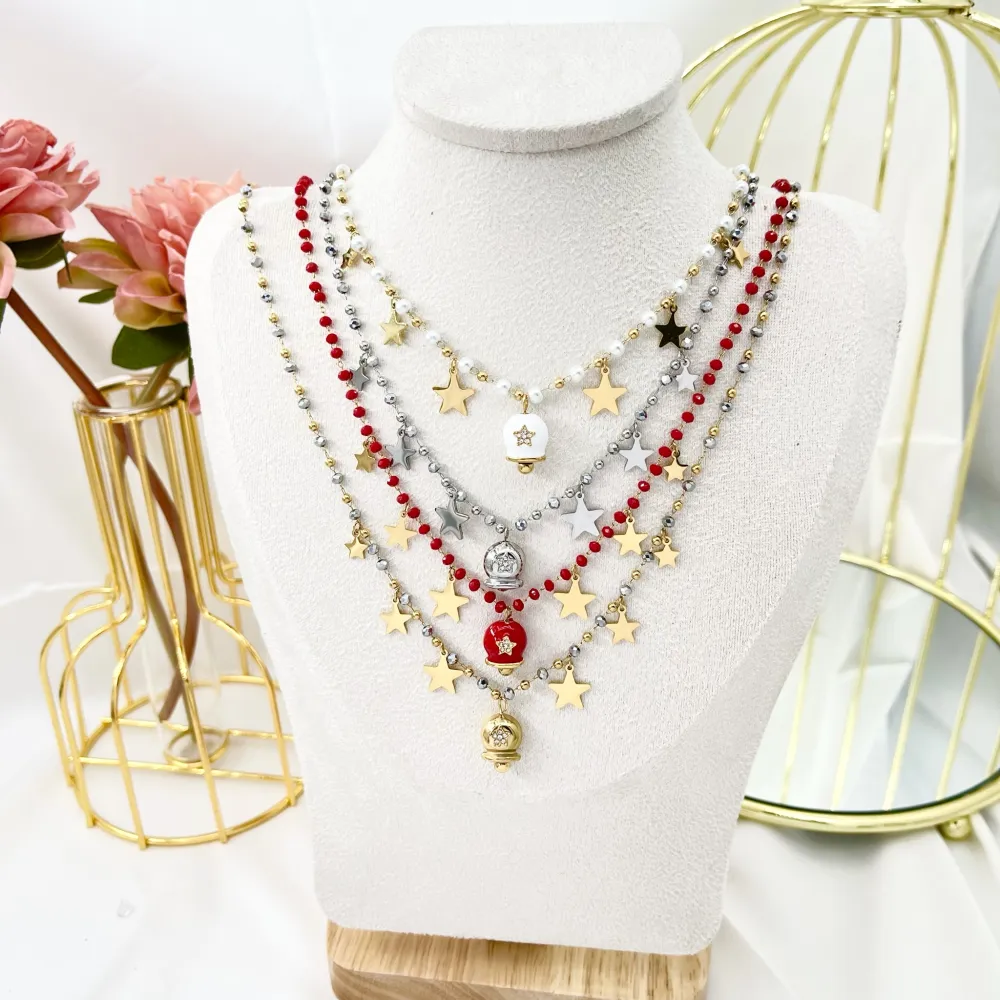 Campanello con Stella-Collana Corta in Acciaio - CAC-103-AA2704N (Bianco/Oro)