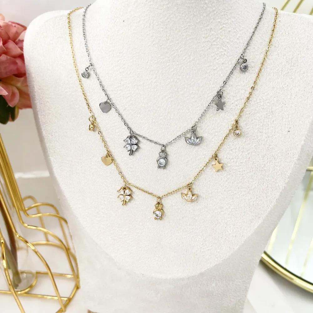 Quadrifoglio Orsetto-Collana Corta in Acciaio - CAC-103-AA2782N (MIX)