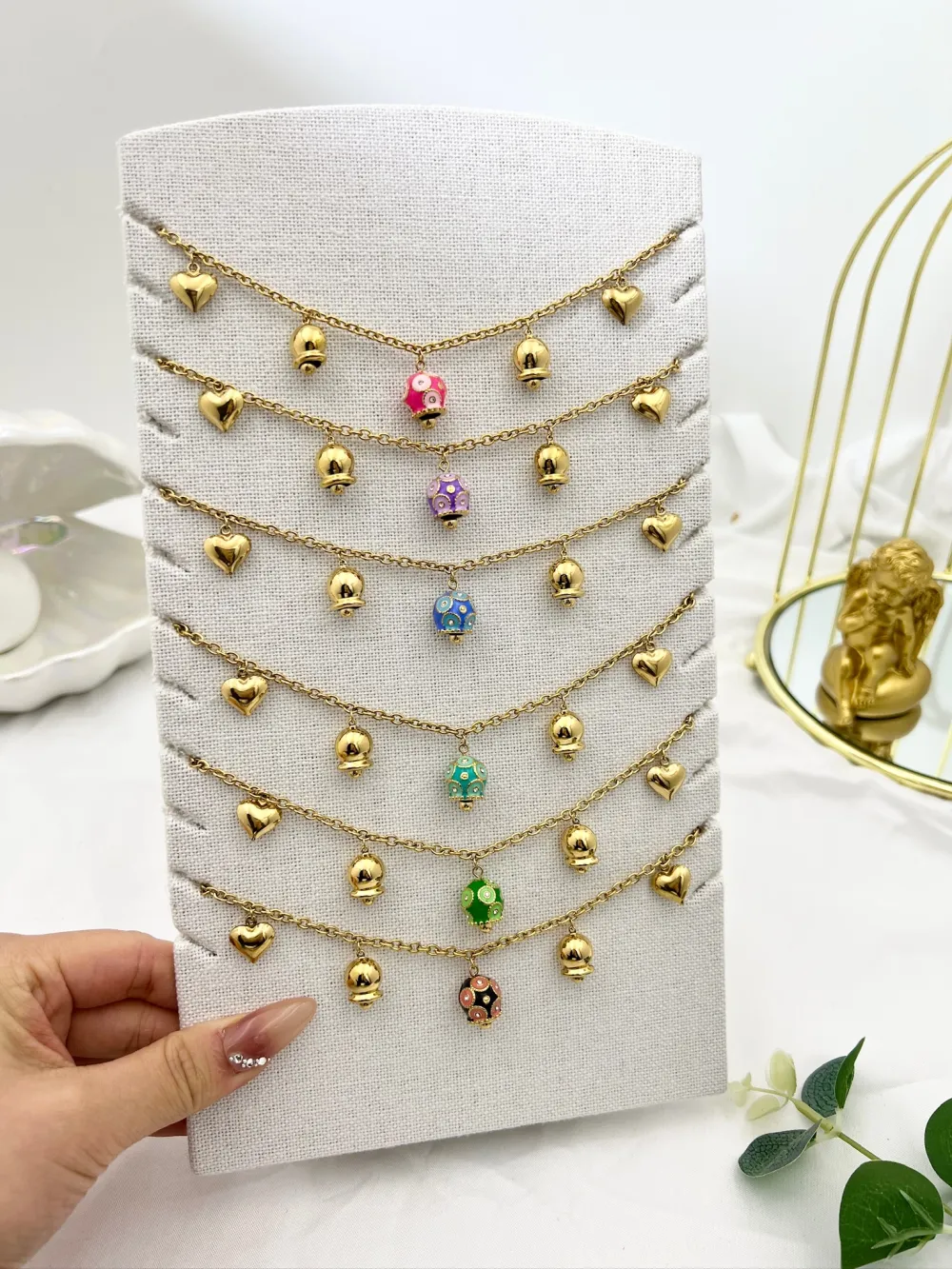 Campanello Smaltato-Collana Corta in Acciaio - CAC-103-AA3424N (Verde/oro)