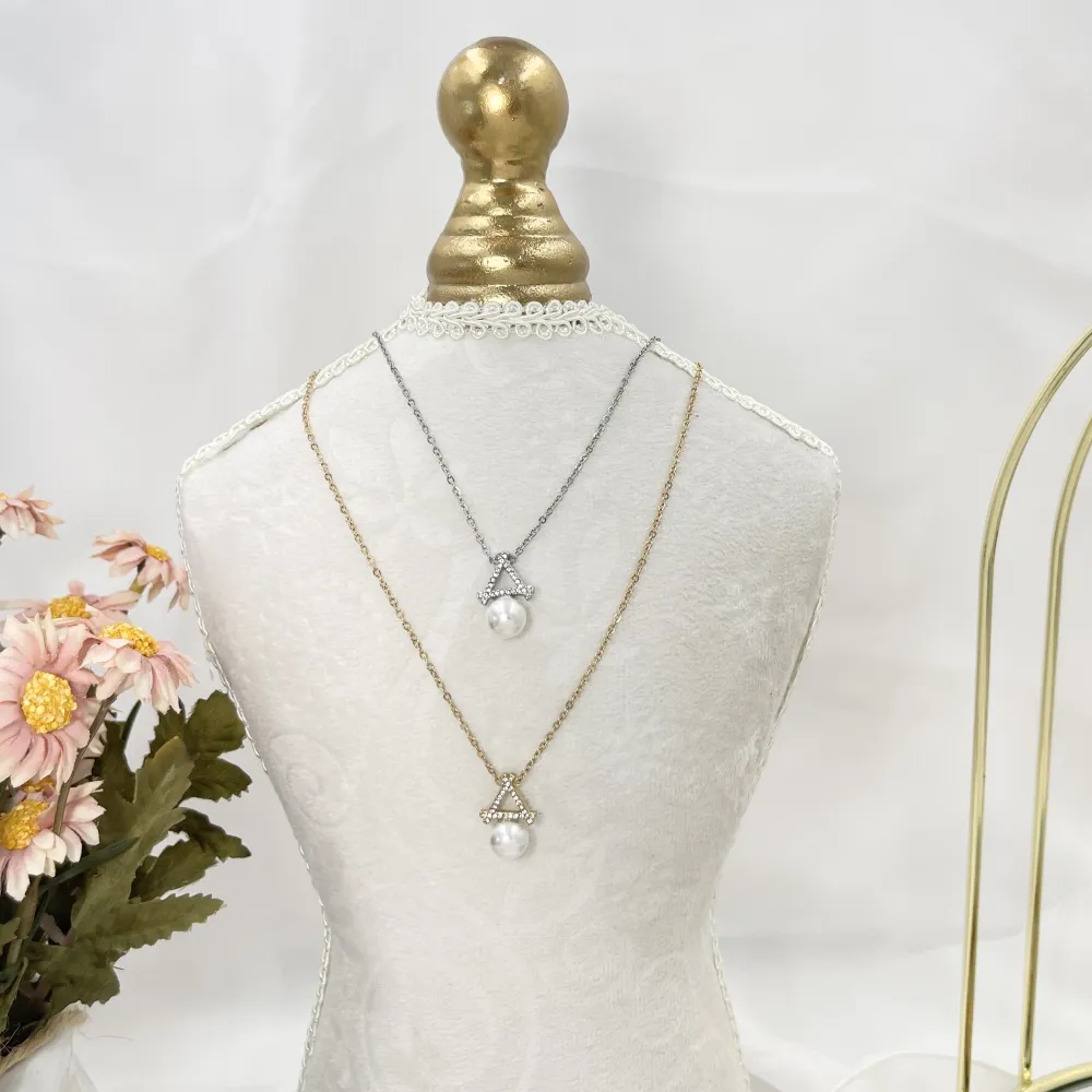 Triangolo con Perla-Collana Corta in Acciaio - CAC-103-AA4163N