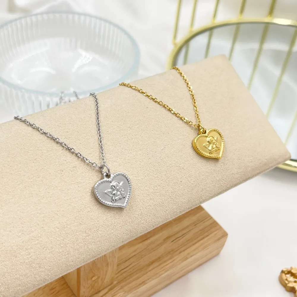 Cuore con Angelo -Collana Corta in Acciaio - CAC-103-AA4427N