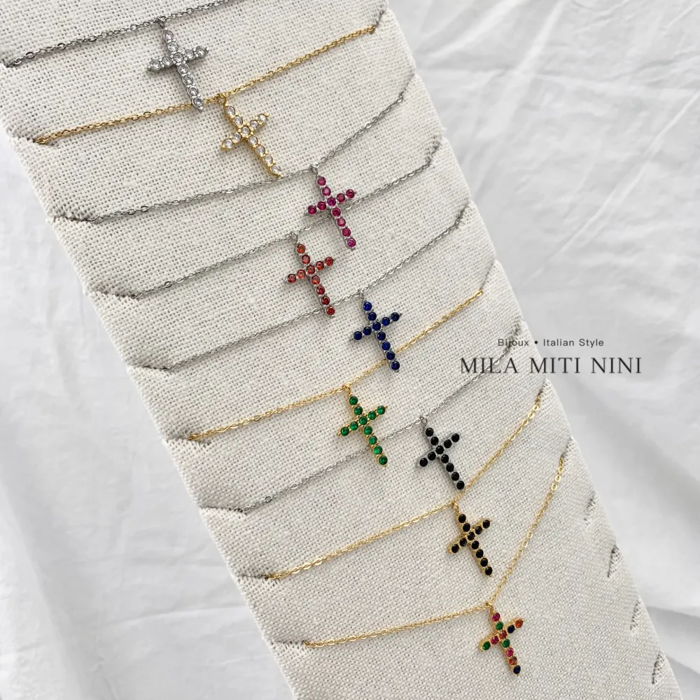 Croce con Zirconia -Collana Corta in Acciaio - CAC-103-AA495N (Fucsia)