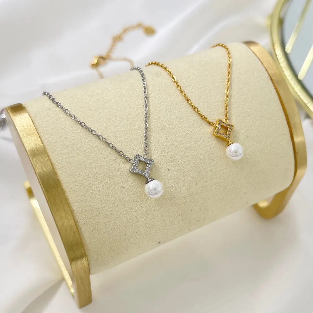 Rombo con Perla-Collana Girocollo in Acciaio - CAC-103-AA5053N (Argento)