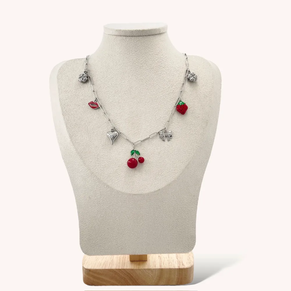 Ciliegia Bocca Cuore-Collana Corta in Acciaio - CAC-103-AA5143N (Argento)