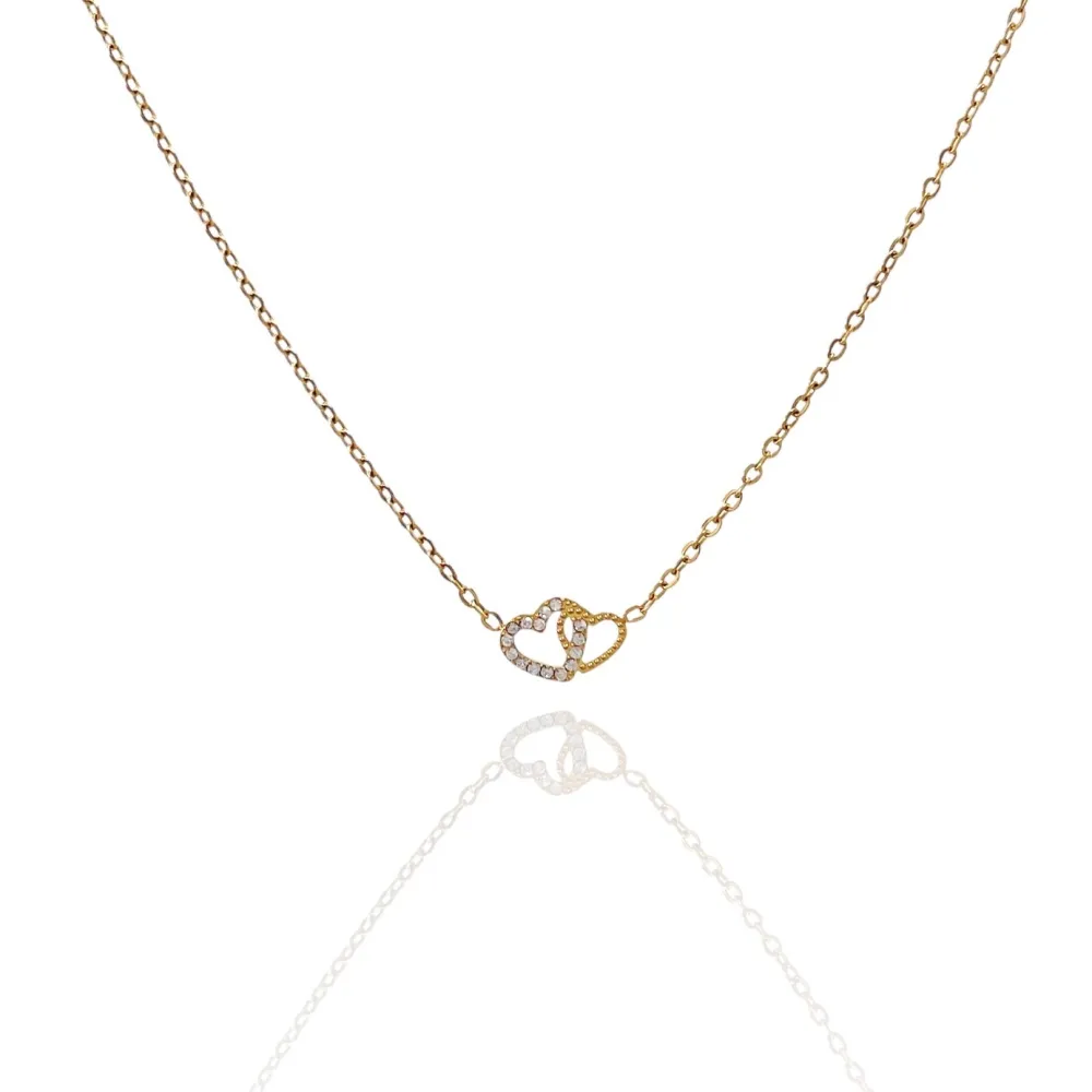 Doppio Cuore con Zirconia-Collana Corta in Acciaio - CAC-103-AA580N (Oro Giallo)