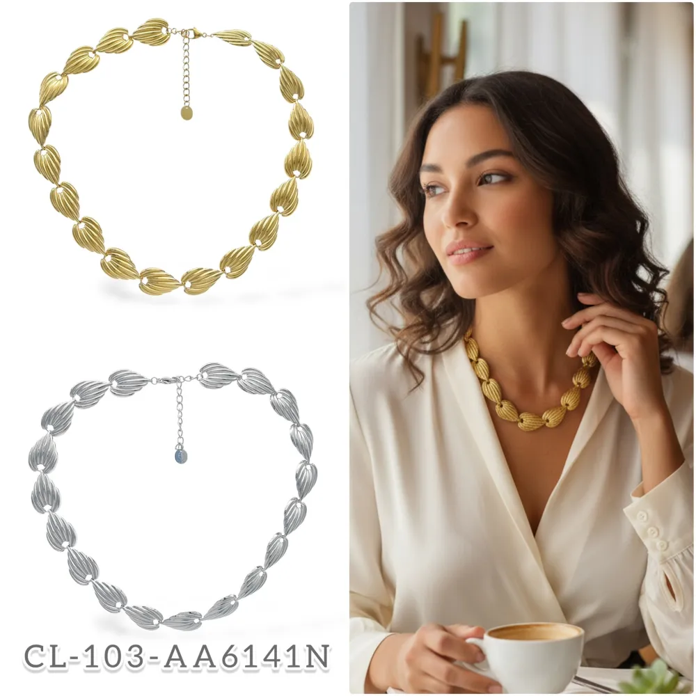 Foglia Cuore-Collana Corta in Acciaio - CAC-103-AA6141N (Argento)