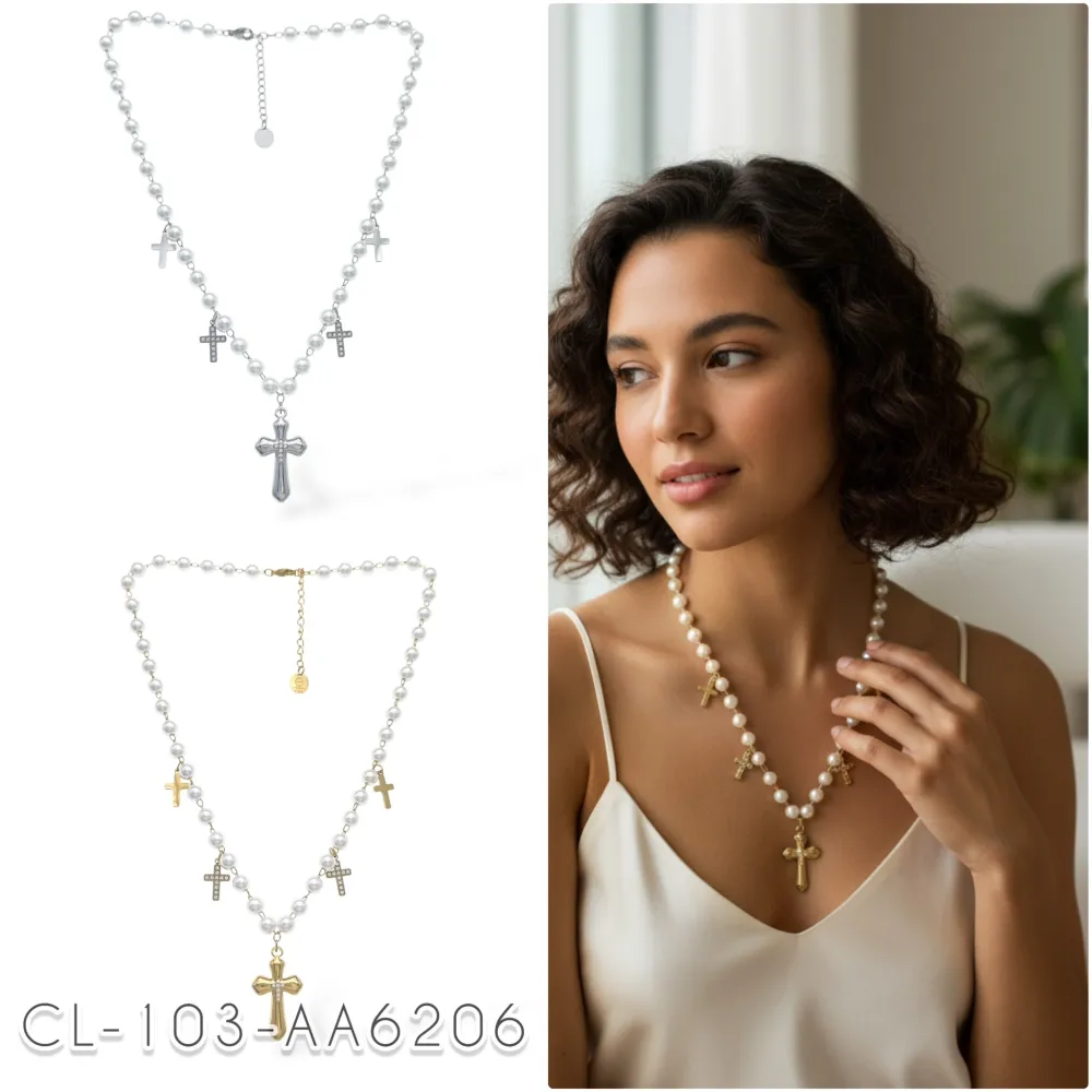Perla con Croce-Collana Corta in Acciaio - CAC-103-AA6206N