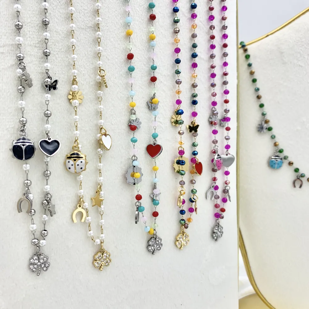 Fortuna Coccinella Quadrifoglio-Collana Corta in Acciaio con Cr - CAC-107-AA776N (Fucsia)