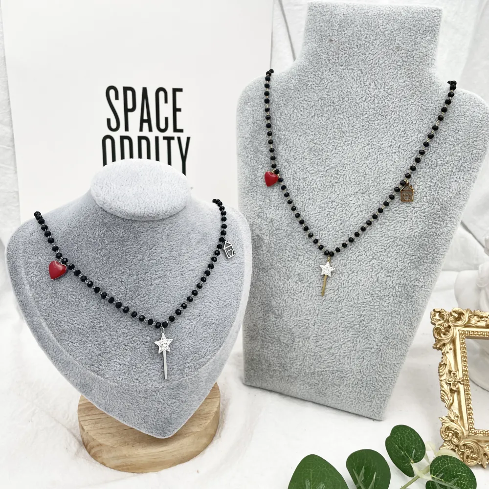 Cristalli Neri con Bachetta Magica -Collana Corta in Acciaio - CAC-413-1570