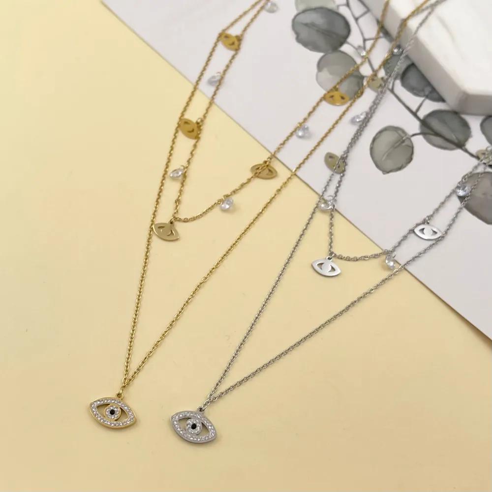 Doppio Zirconia occhio -Collana Corta in Acciaio - CAC-413-1712 (Argento)