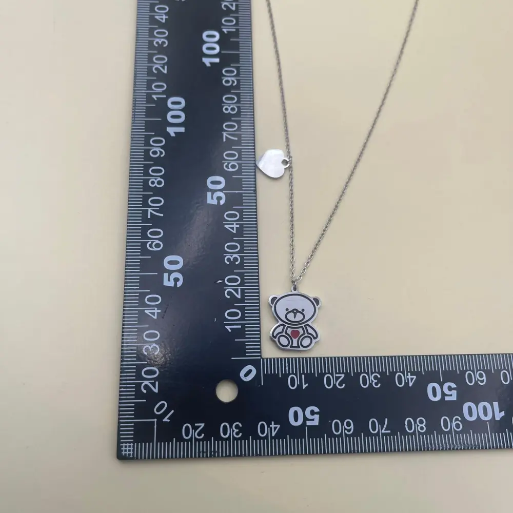 Orsetto Smaltato con Cuore-Collana Corta in Acciaio - CAC-413-1763 (Argento)