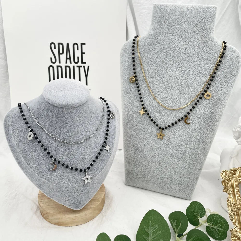 Cristalli Neri Stella Luna  -Collana Corta in Acciaio - CAC-413-1832 (Oro Giallo)