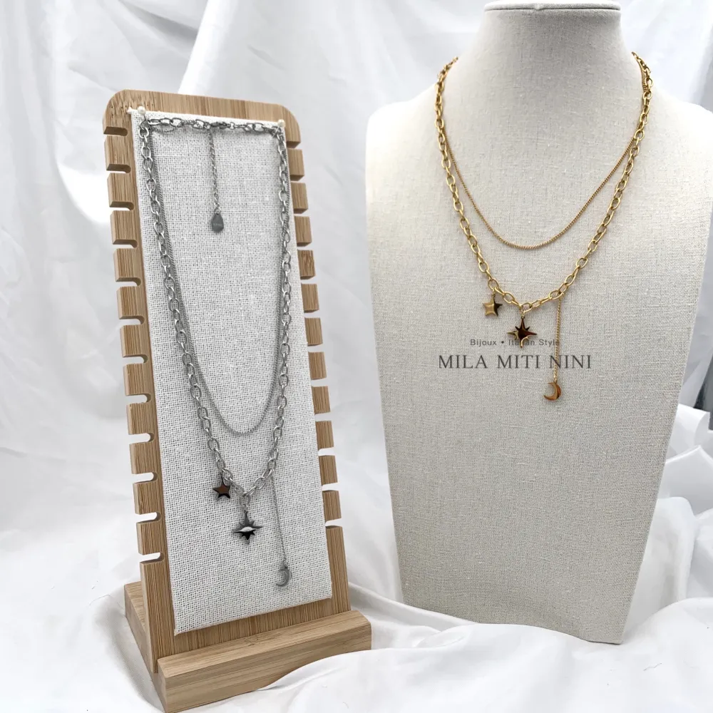 Doppio Stella Luna -Collana Corta in Acciaio - CAC-413-1842 (Argento)