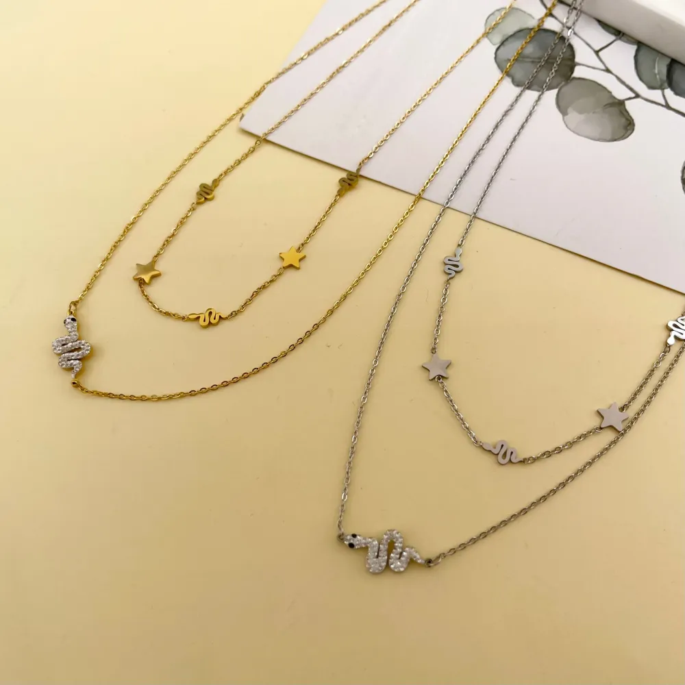 Serpente con Strass-Collana Corta in Acciaio - CAC-413-1962 (Argento)