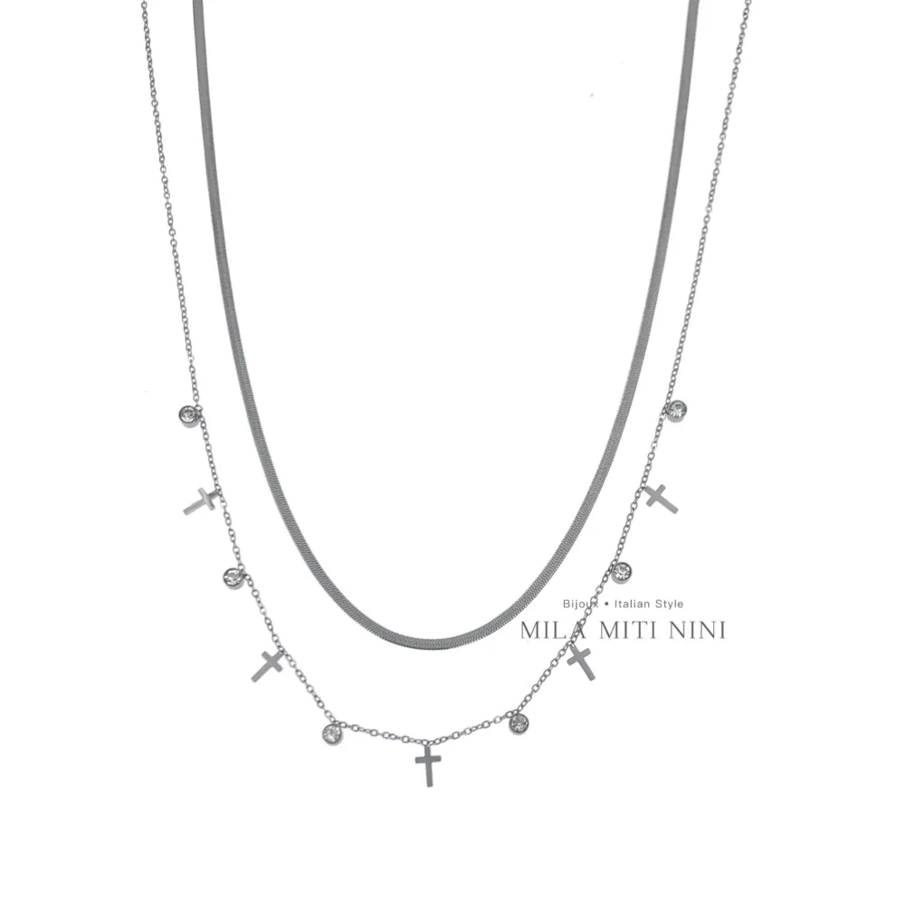 Doppio Serpente con Croce-Collana Corta in Acciaio - CAC-413-2034 (Oro Giallo)