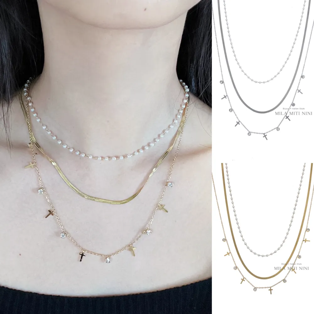 Multifilo Perla Croce-Collana Corta in Acciaio - CAC-413-2039 (Oro Giallo)