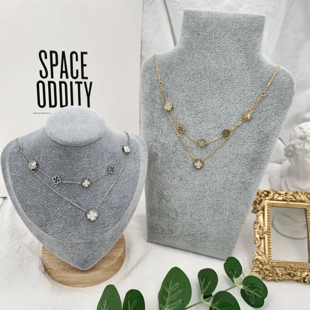 Doppio Catena con Quadrifoglio -Collana Corta in Acciaio - CAC-413-2165 (Oro Giallo)