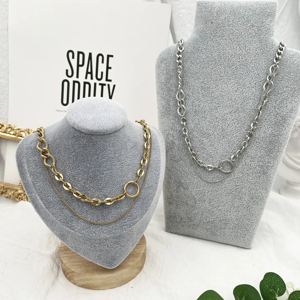 Doppio Catena con Cerchio-Collana Corta in Acciaio - CAC-413-2182