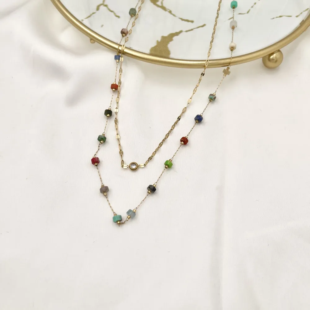 Doppia con Perline-Collana Corta in Acciaio - CAC-413-2289