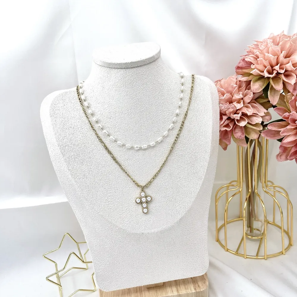 Doppio con Croce-Collana Corta in Acciaio - CAC-413-2298 (Oro Giallo)