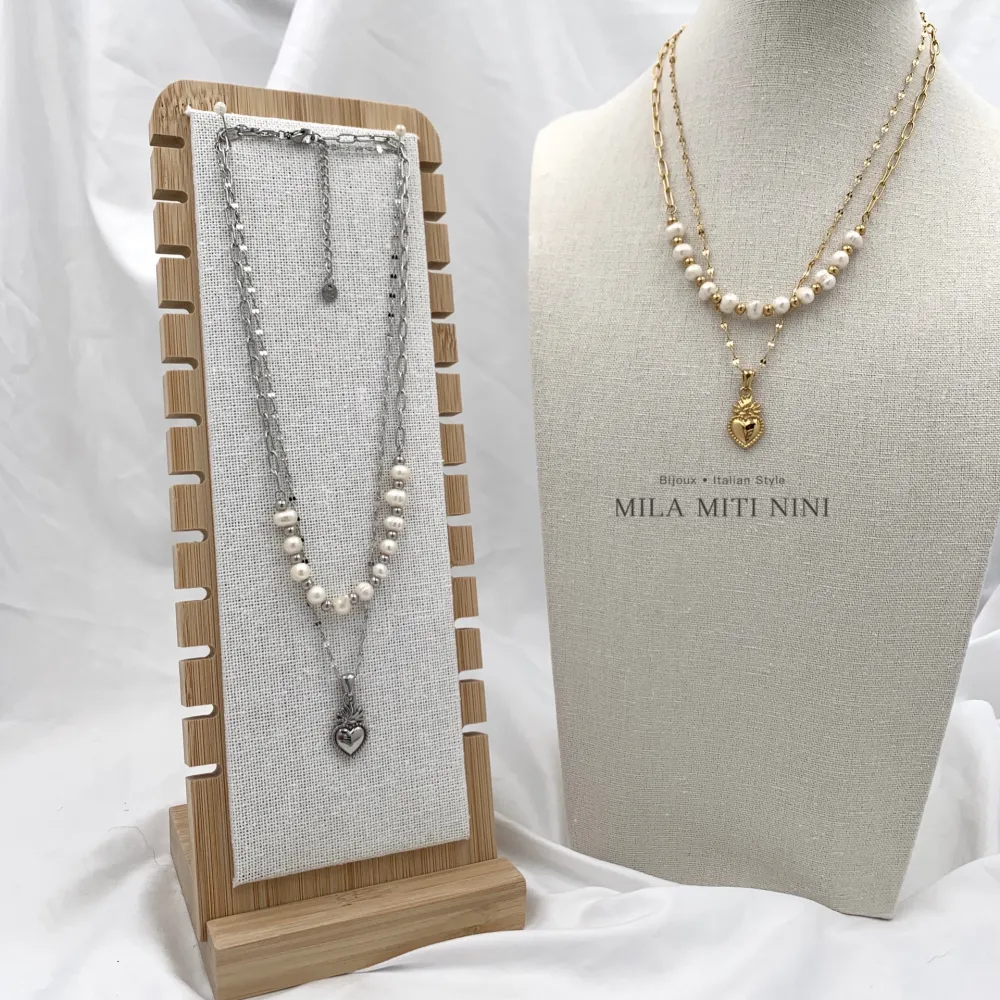 Doppio con Perla e Sacro Cuore -Collana Corta in Acciaio - CAC-600-B221