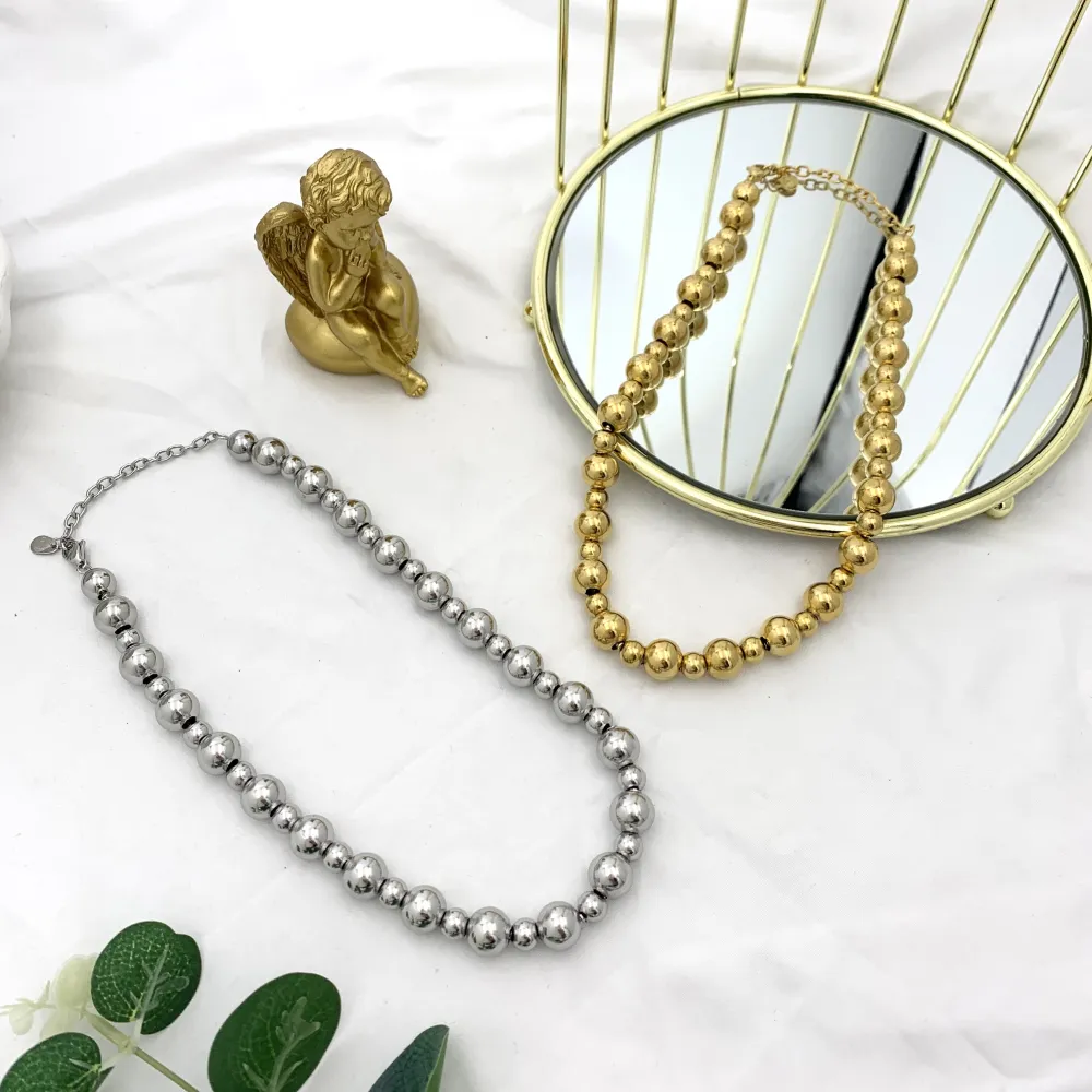 Palline Vuote 12mm+8mm-Collana Corta in Acciaio - CAC-732-243