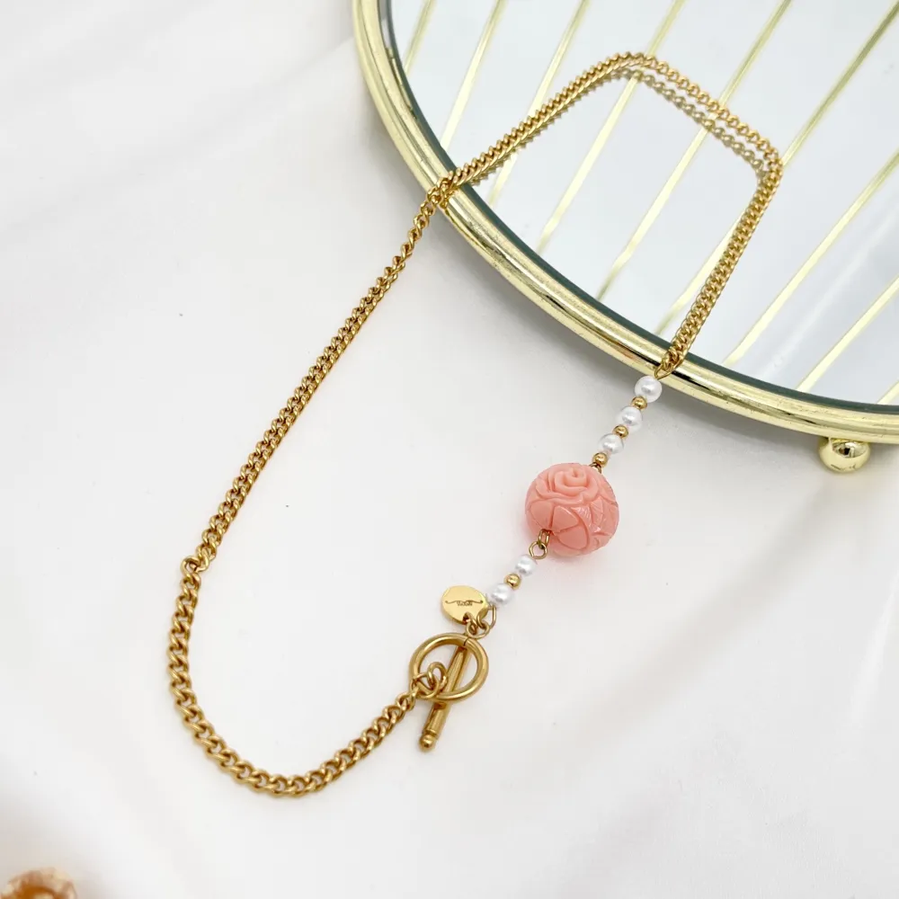 Pallina Fiore Rosa -Collana Corta in Acciaio - CAC-765-17