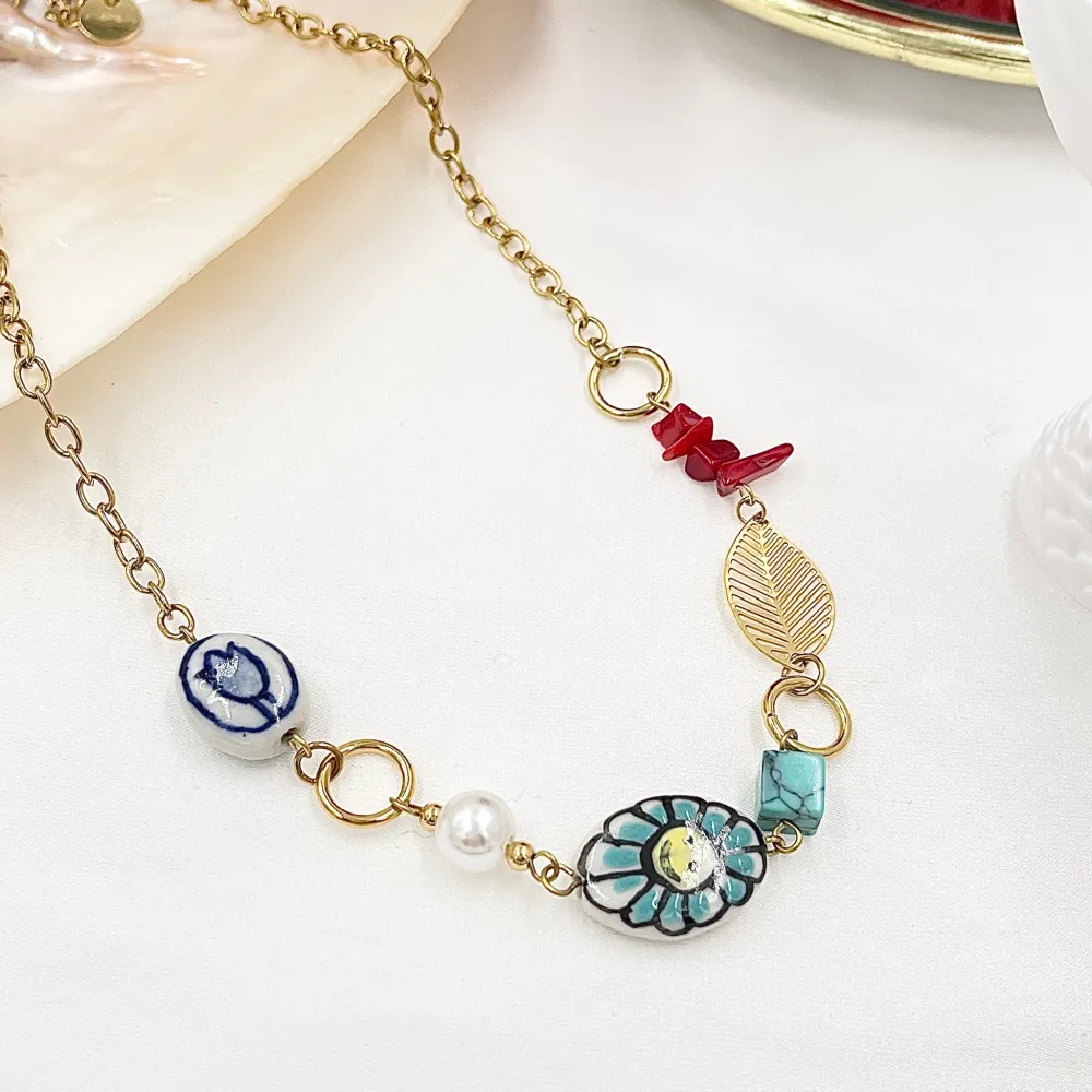 Foglia Soggetti in Ceramica -Collana Corta in Acciaio - CAC-765-51