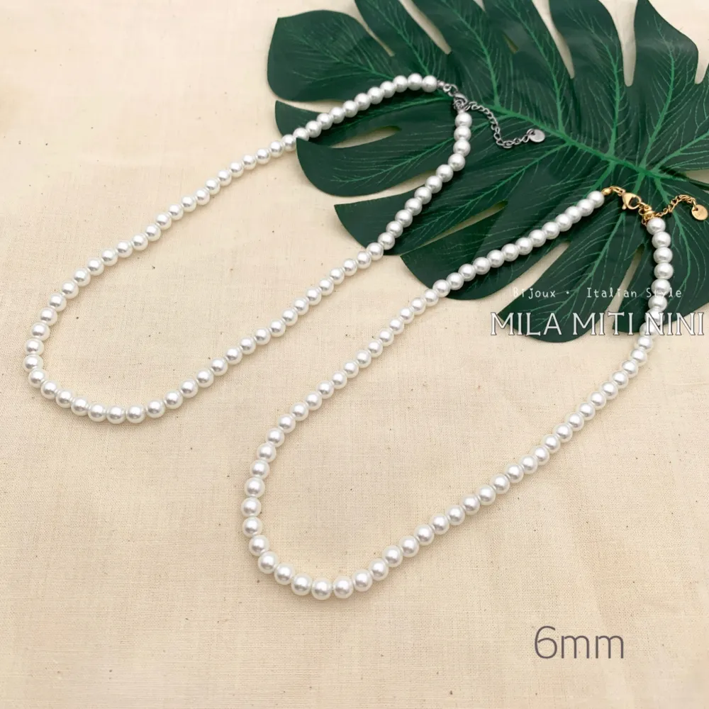 CAC176-437-Perla 6mm -Collana Corta in Acciaio - CAC176-437-Perla 6mm -Collana Corta in Acciaio (Argento)