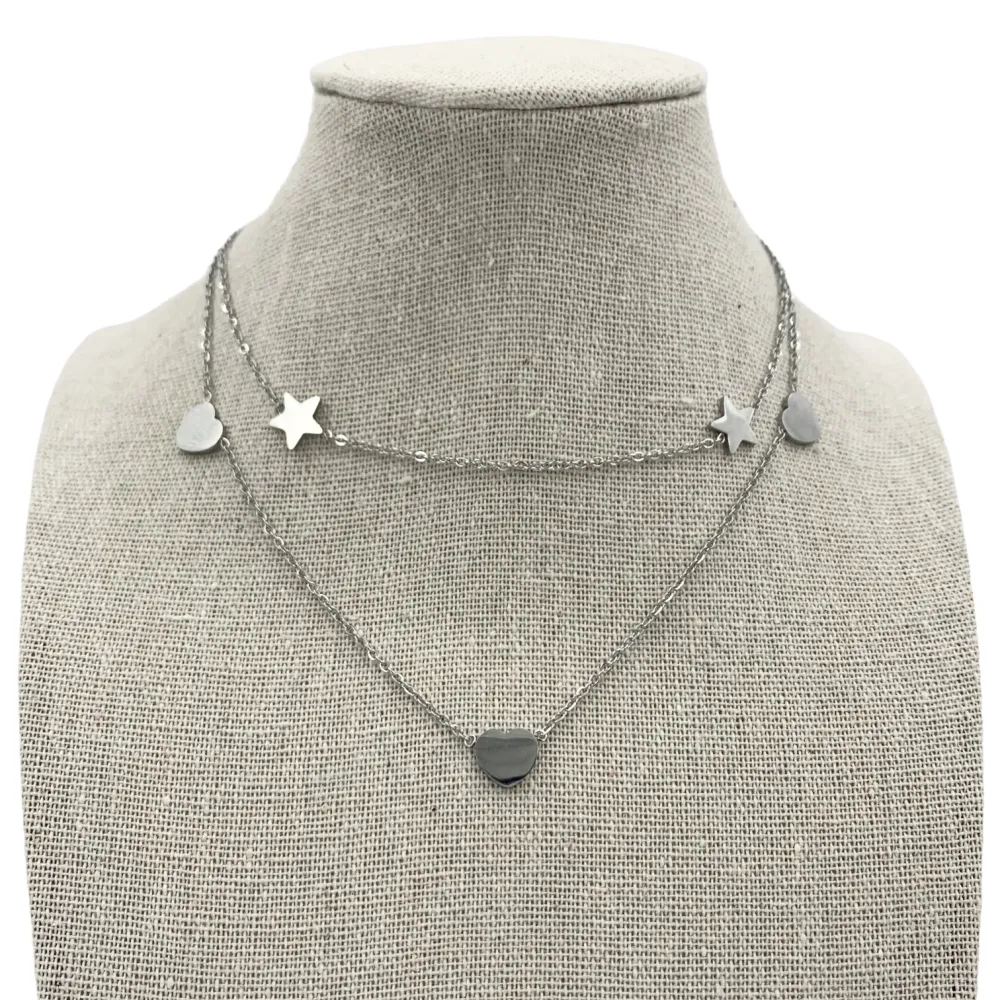 Multifilo collana acciaio - CAC4023-CUORE E STELLE DOPPIO FILO -COLLANA ACCIAIO (Acciaio)