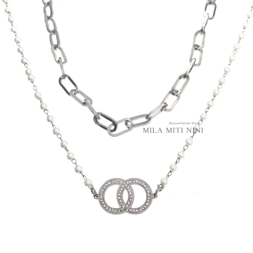 Doppio Cerchio- Collana Corta Doppio in Acciaio - CAC413-1835 (Argento)