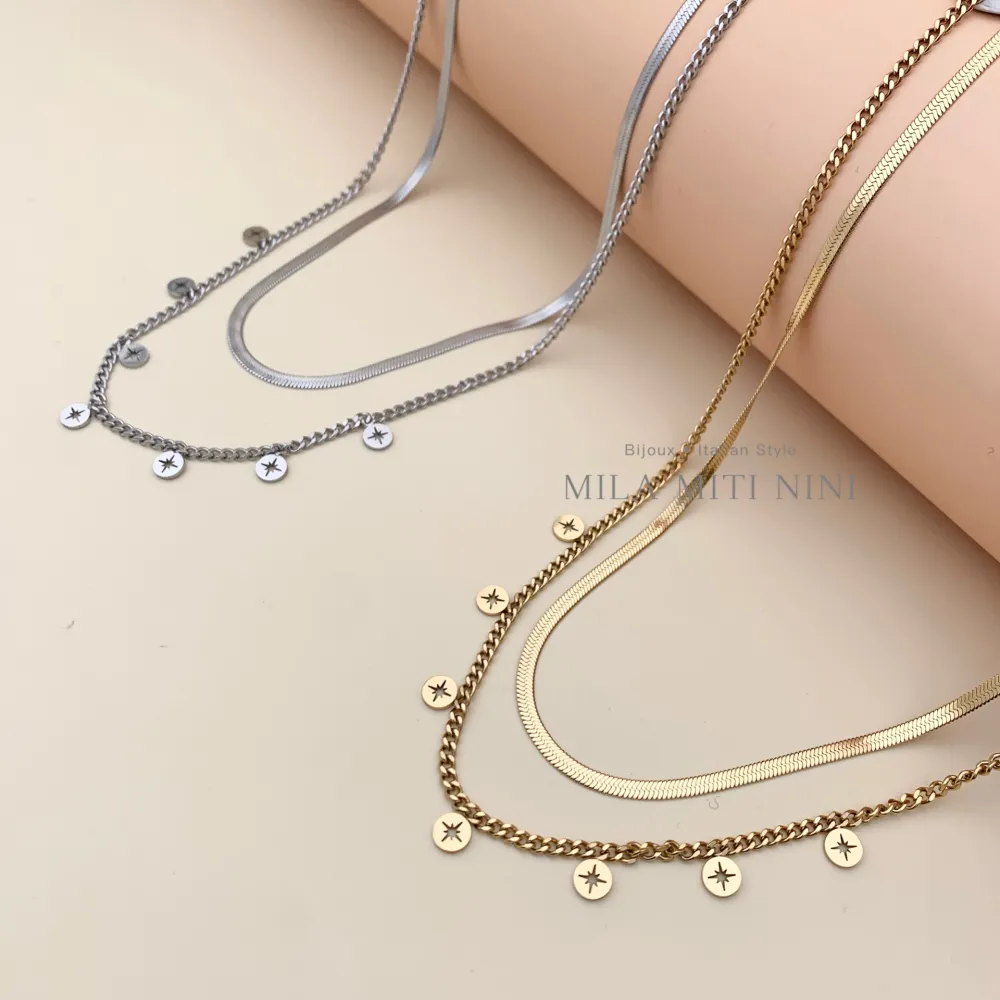 Doppio con Croce Stella-Collana Corta in Acciaio - CAC413-1907 (Oro Giallo)