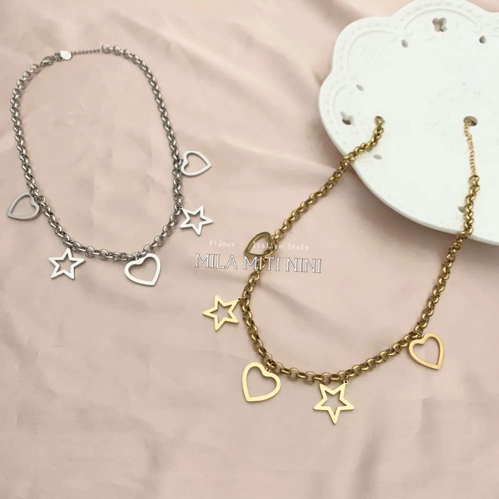 CAC413-2399-Catena Cuore Stella -Collana Corta in Acciaio - CAC413-2399-Catena Cuore Stella -Collana Corta in Acciaio